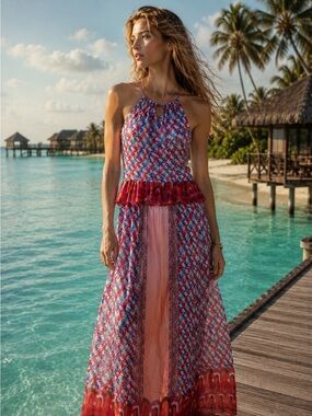 Multi-Colored Maxi Dress with Front Slit & Ruffles